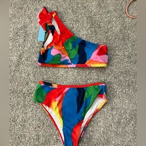 ATHMILE Women Bikini Set High Waisted One Shoulder Colorful Geometric Large